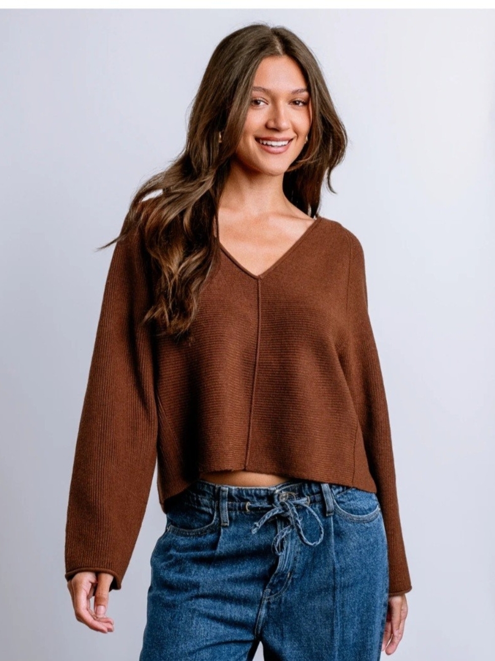 Daily Practice By Anthropologie Cropped V-Neck Knit Sweater in Brown